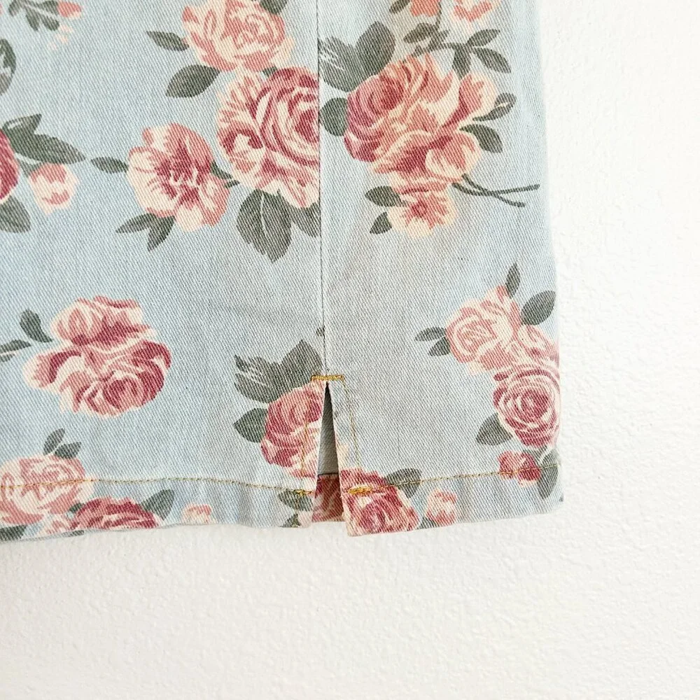 NWT Cider Skirt M Blue Denim Mini Pink Floral Roses Feminine Cottagecore